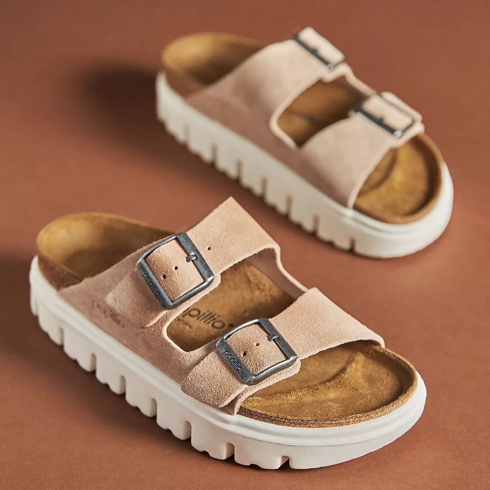 NEW Birkenstock Papillio Arizona Platform Sandal Suede Taupe Size 41 / 10